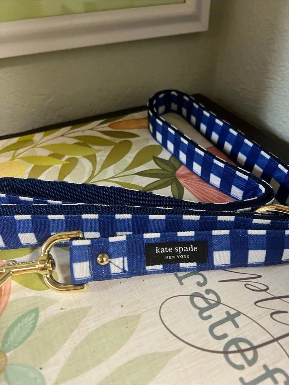 NWOT kate spade Blue and White Gingham Dog Leash with Gold Hardware “YC
